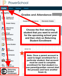 Picture of PowerSchool SIS Main Screen to Choose Returning Student Enrollment